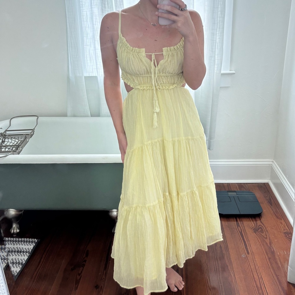 Yellow Cutout Tiered Maxi Dress Womens Small Smocked Tie Back Boho Crinkle Beach